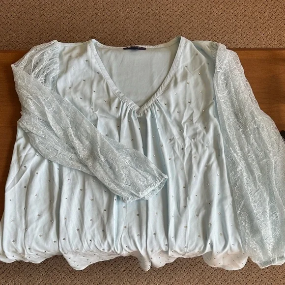 Roaman's Light Blue Blouse with Lace Sleeves - Picture 1 of 4